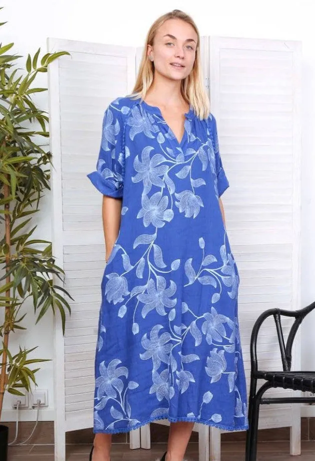 7161A Long Floral V-Notch Neckline Linen Dress,Women Wear