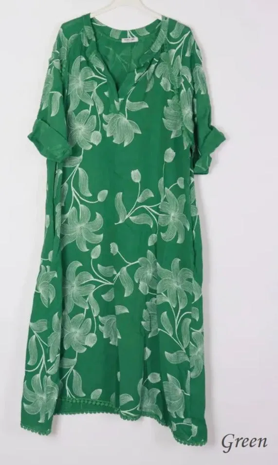 7161A Long Floral V-Notch Neckline Linen Dress,Women Wear
