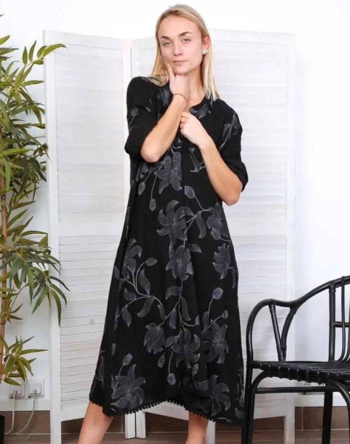 7161A Long Floral V-Notch Neckline Linen Dress,Women Wear