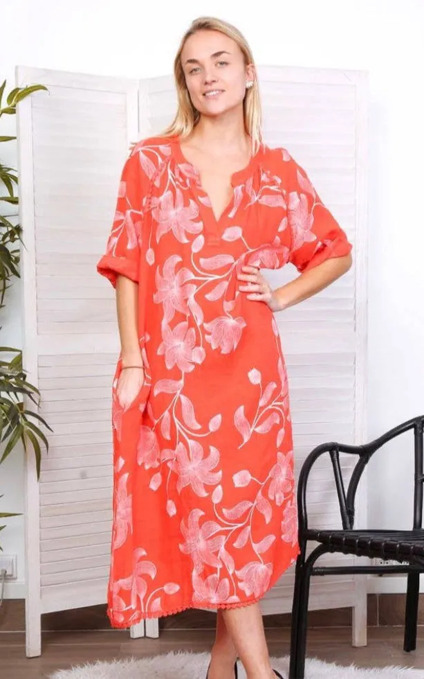 7161A Long Floral V-Notch Neckline Linen Dress,Women Wear