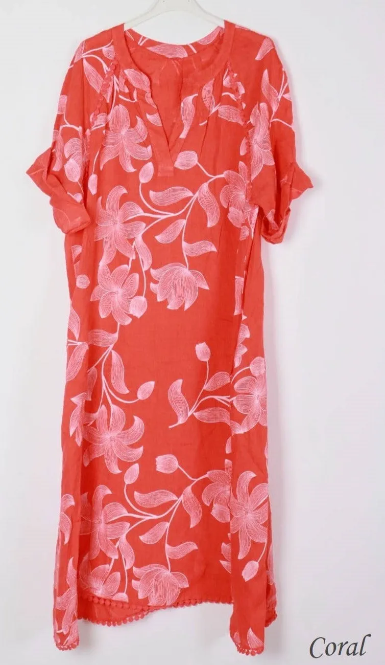 7161A Long Floral V-Notch Neckline Linen Dress,Women Wear