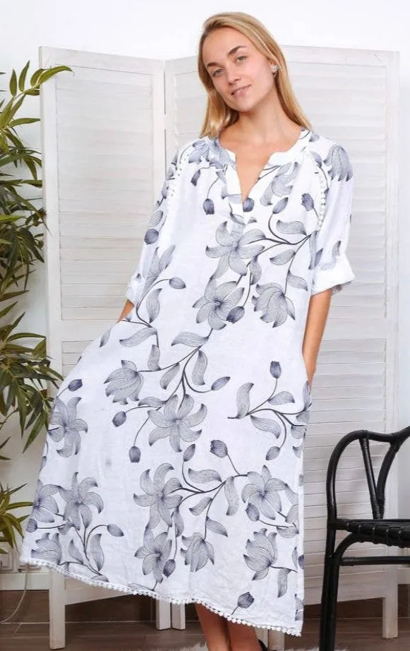 7161A Long Floral V-Notch Neckline Linen Dress,Women Wear