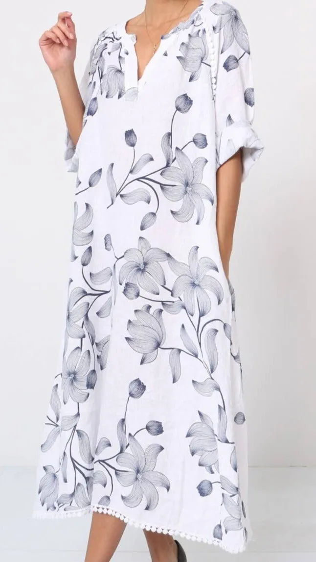 7161A Long Floral V-Notch Neckline Linen Dress,Women Wear