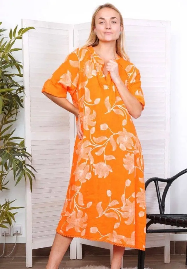 7161A Long Floral V-Notch Neckline Linen Dress,Women Wear