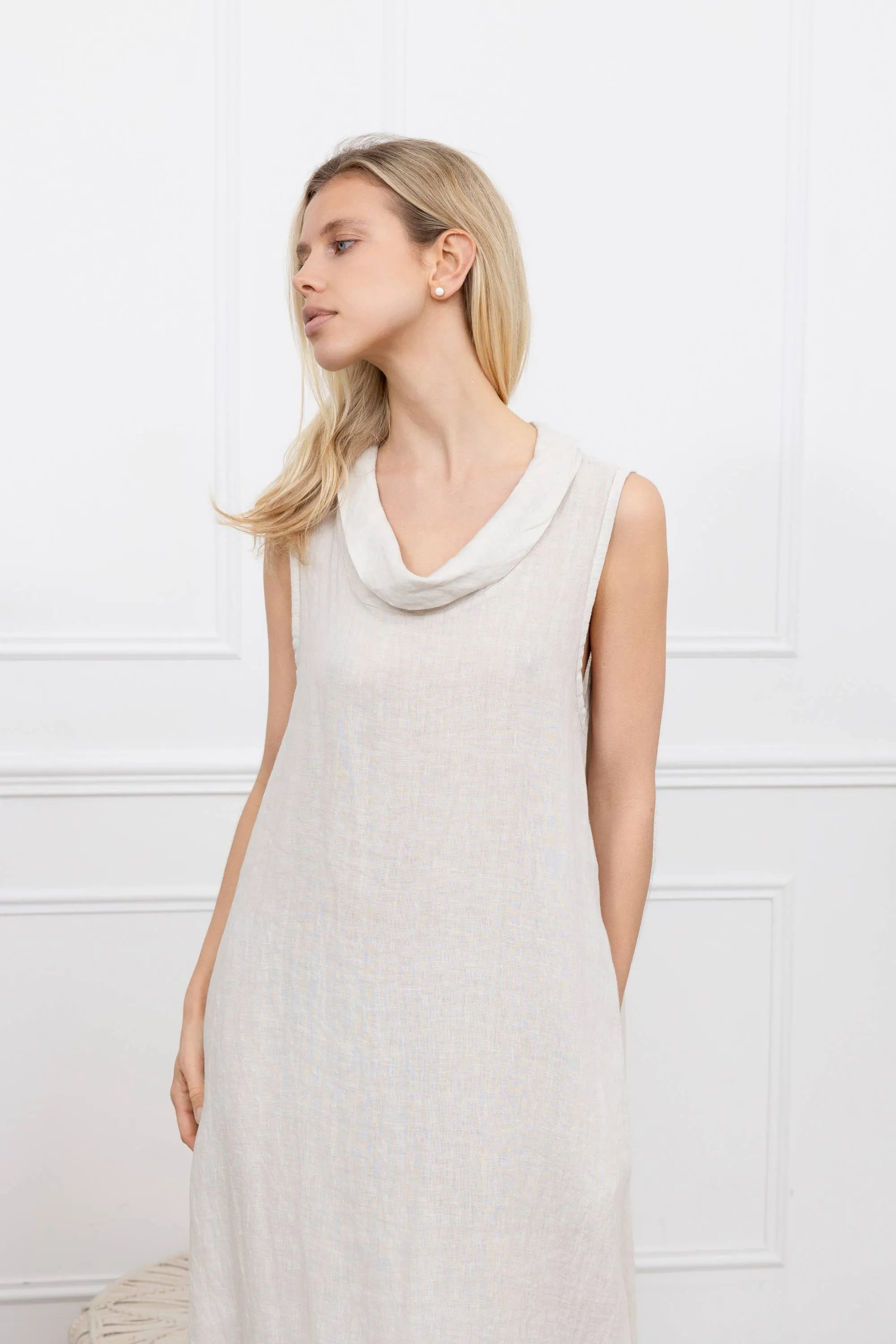 72078L Cowl Dress Linen,Women Wear