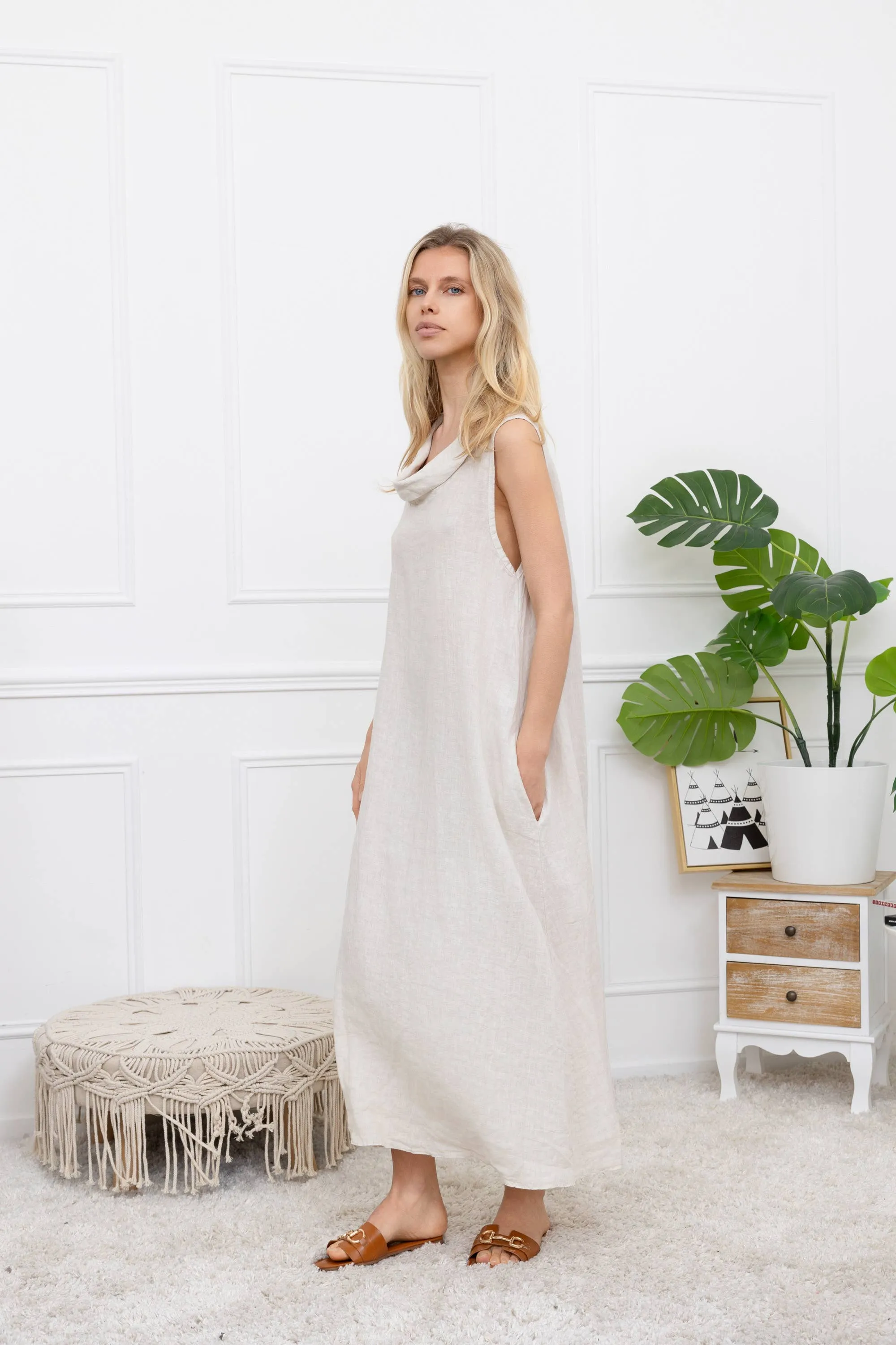 72078L Cowl Dress Linen,Women Wear