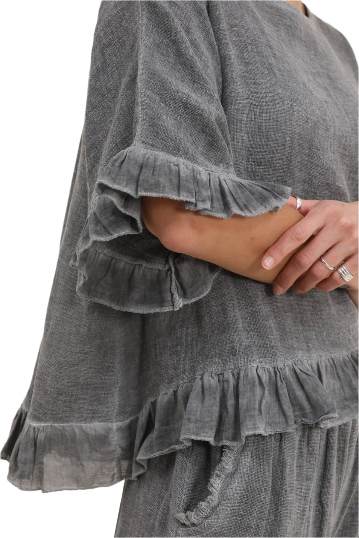 8747 Linen Cotton Blend with Fun Ruffled Details,Women Wear