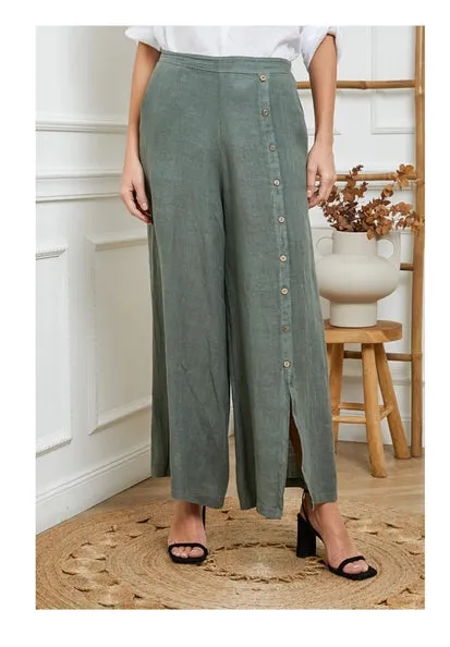9320 Buttonside Pants 100% Linen,Women Wear