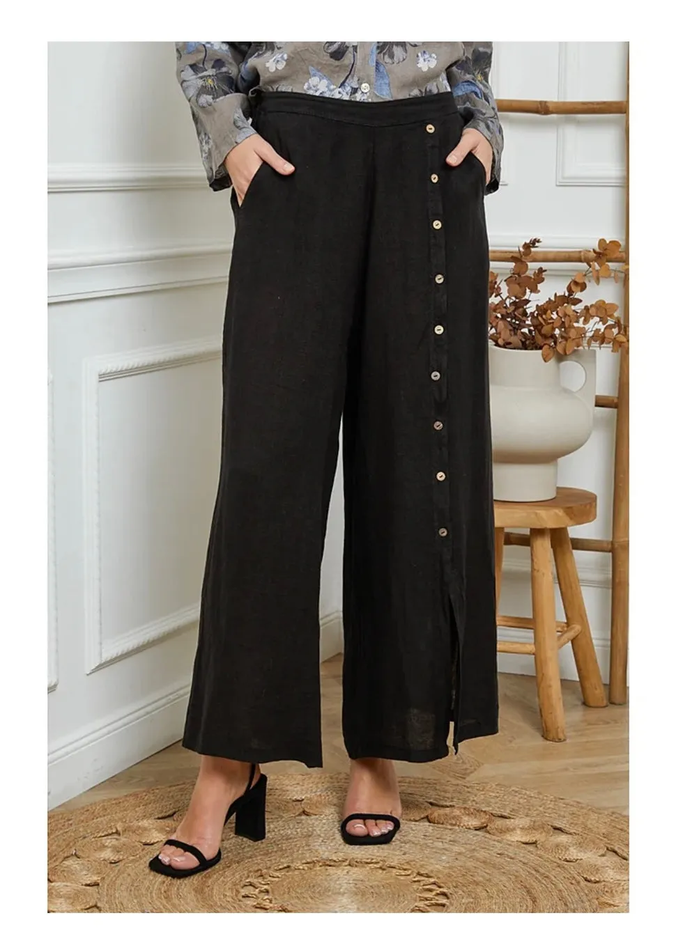 9320 Buttonside Pants 100% Linen,Women Wear