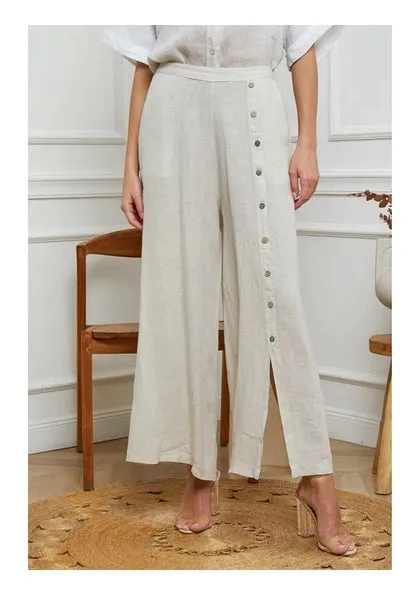 9320 Buttonside Pants 100% Linen,Women Wear