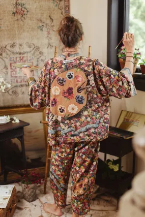Art of Life Floral Bamboo Crop Kimono w/ Paint Palette,Women Wear