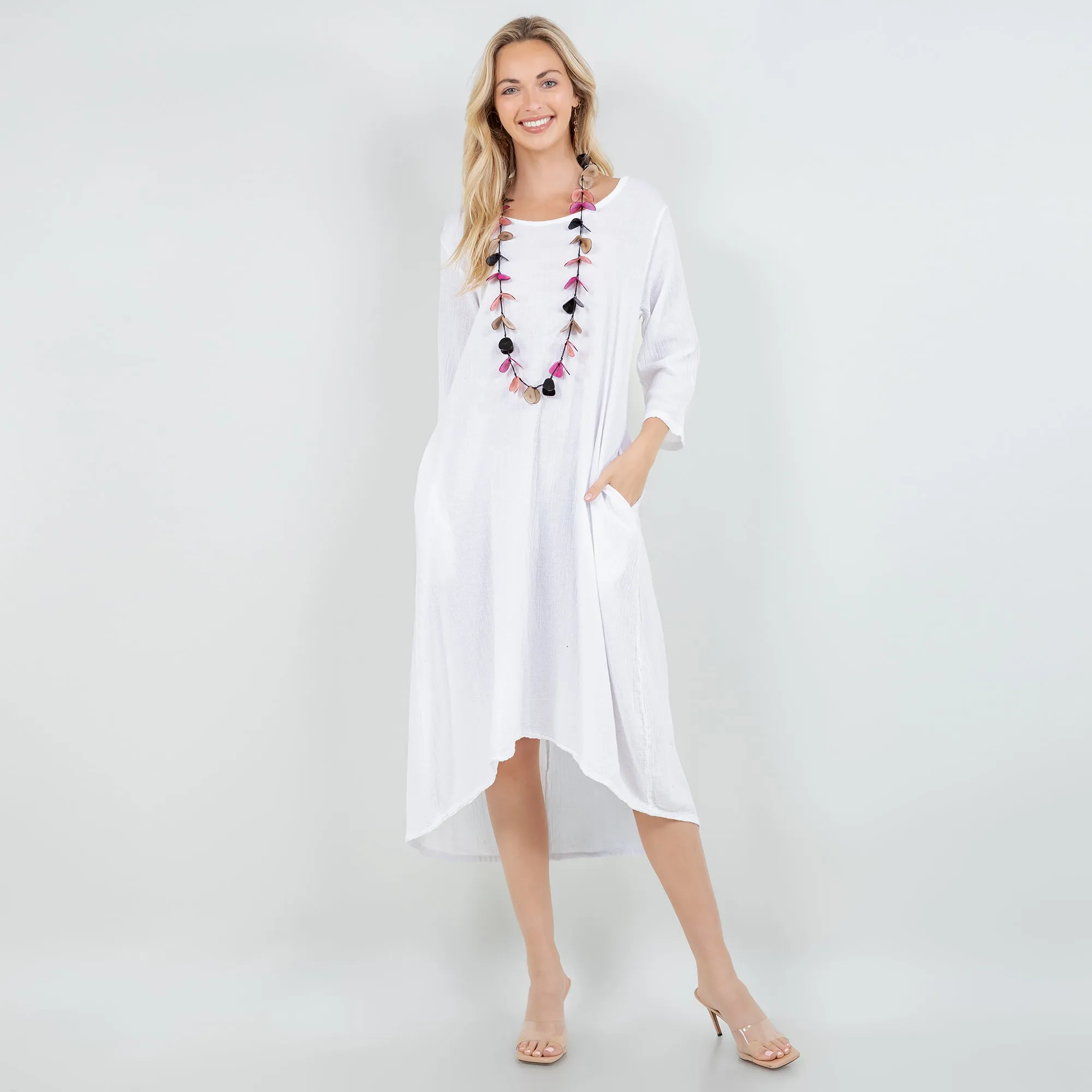 Ellen Our Hi-Low Cotton Gauze Dress with Sleeves and Pockets,Women Wear