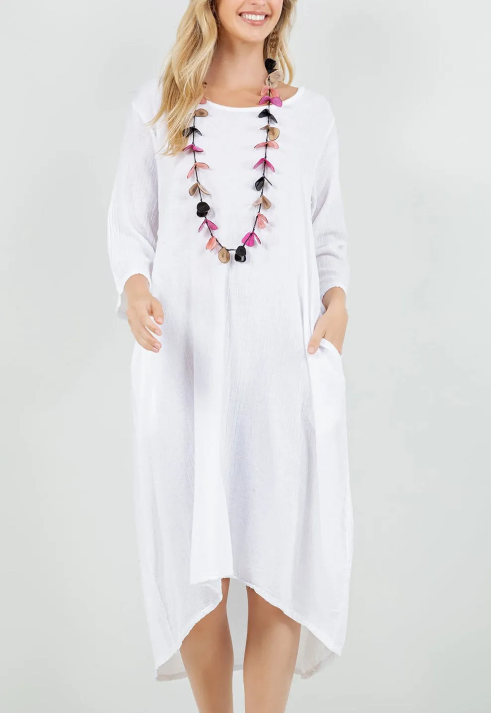 Ellen Our Hi-Low Cotton Gauze Dress with Sleeves and Pockets,Women Wear