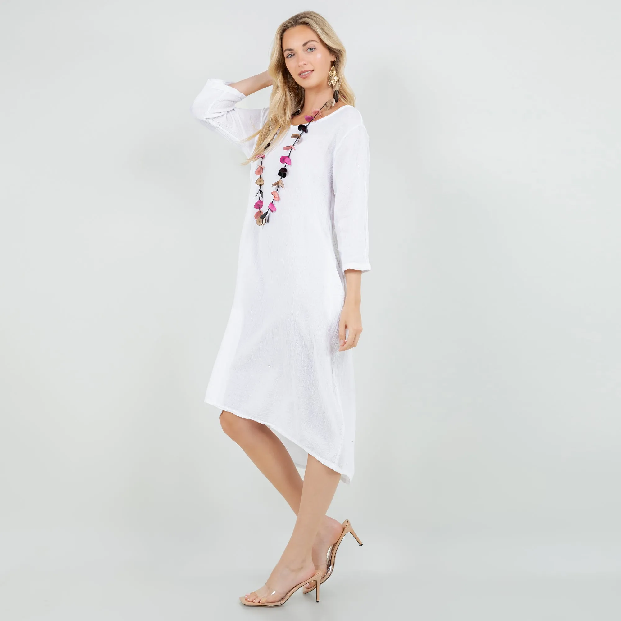 Ellen Our Hi-Low Cotton Gauze Dress with Sleeves and Pockets,Women Wear