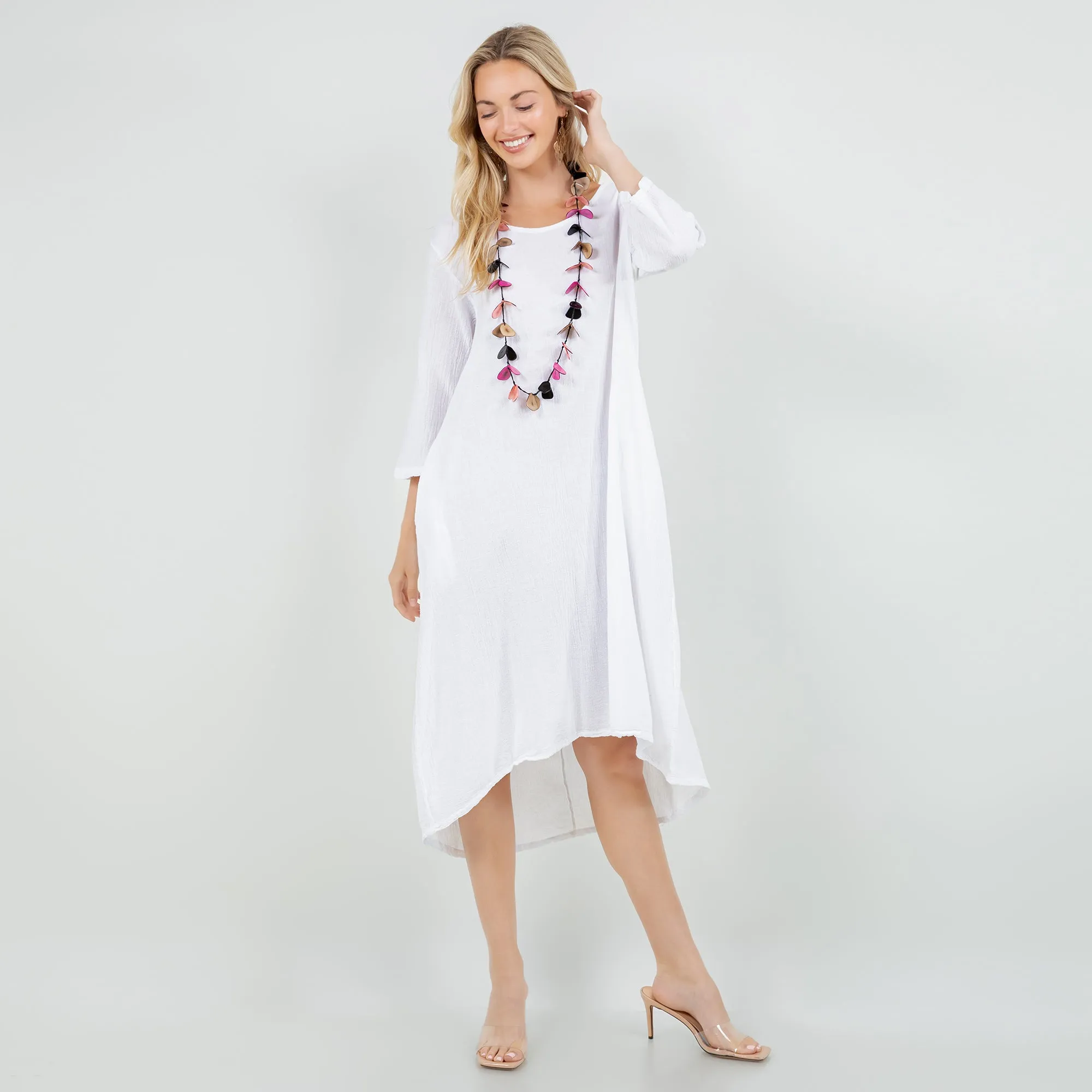 Ellen Our Hi-Low Cotton Gauze Dress with Sleeves and Pockets,Women Wear