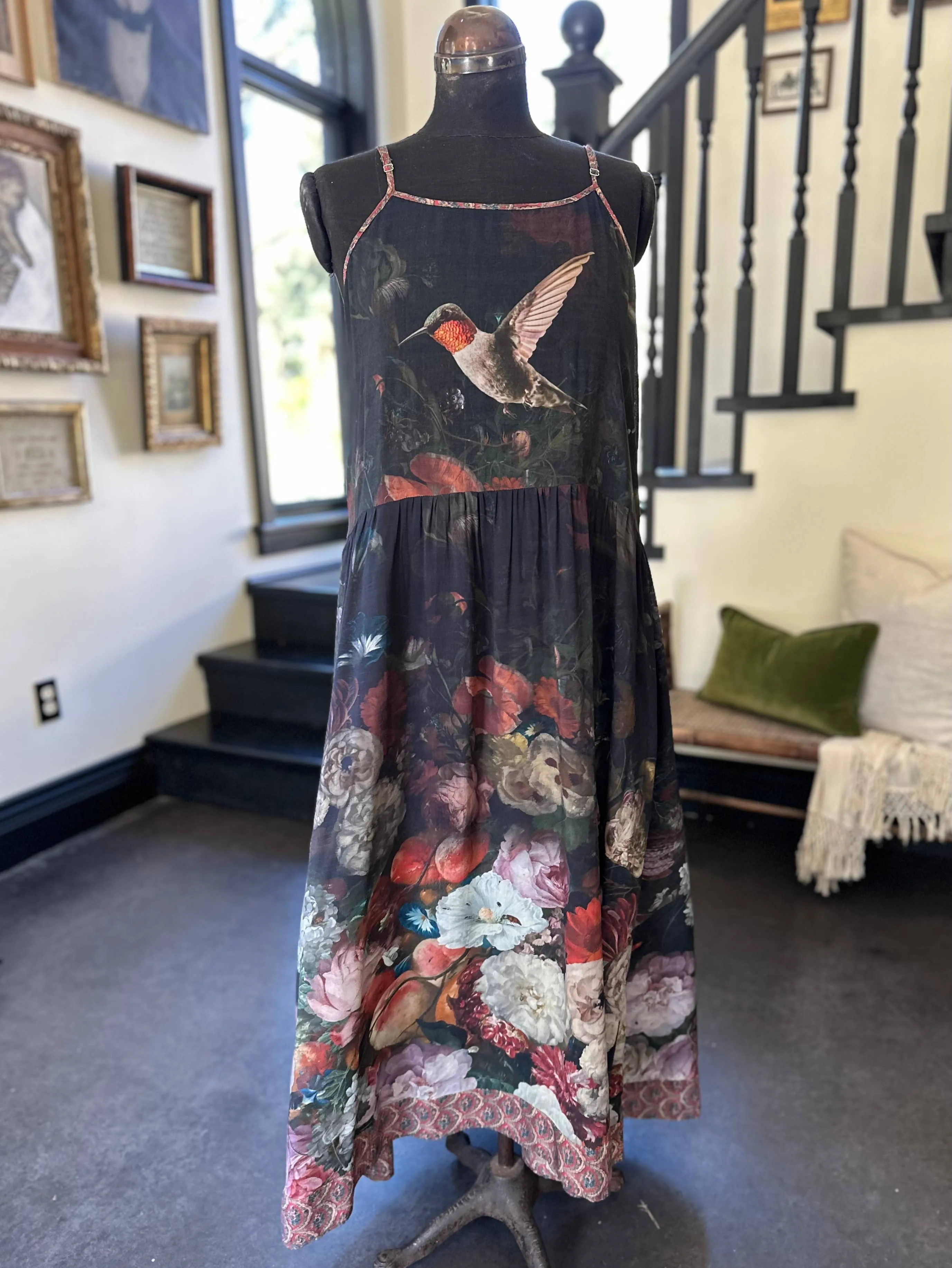 Flight of Fancy Floral Bamboo Slip Dress with Hummingbirds,Women Wear