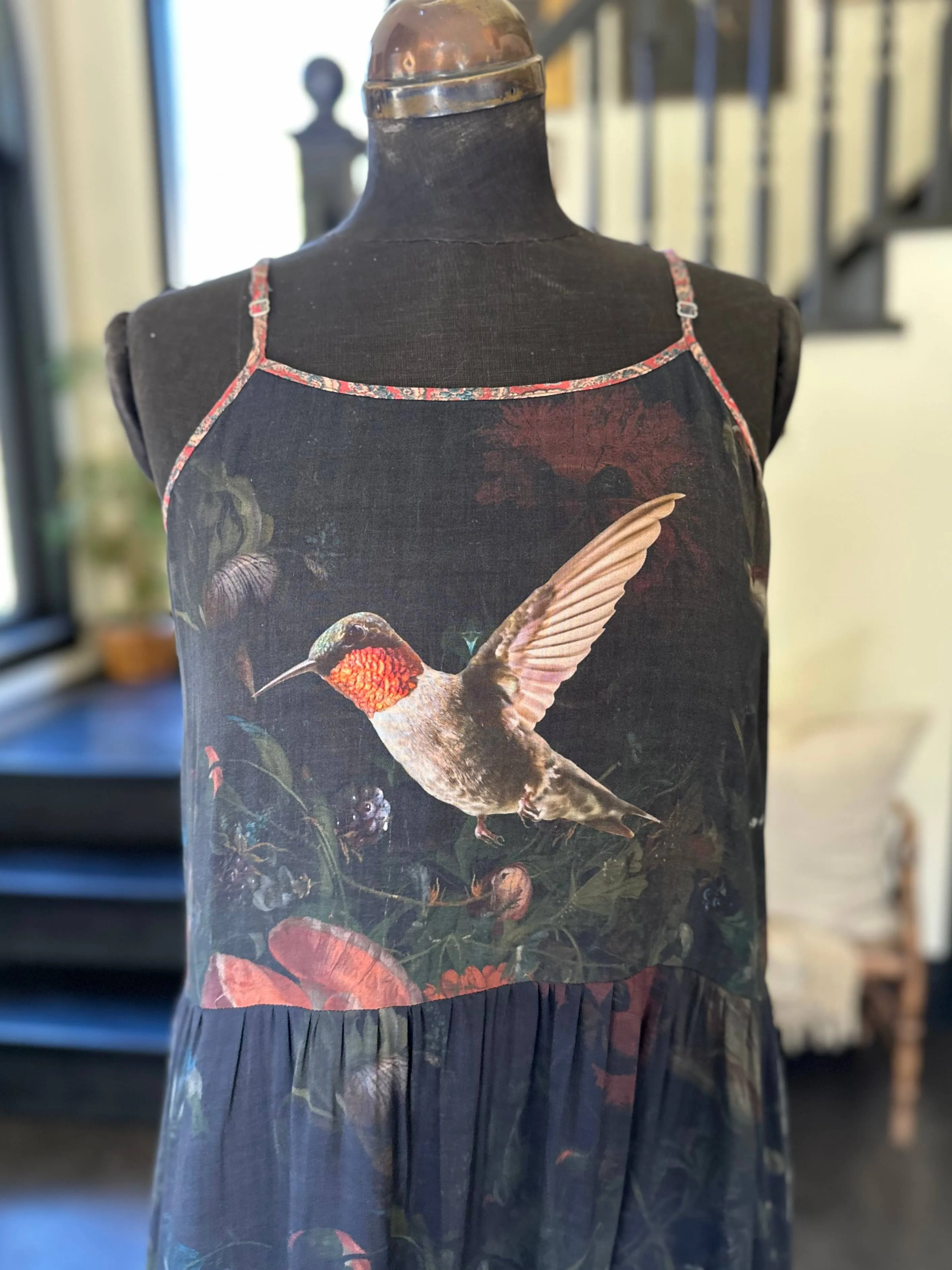 Flight of Fancy Floral Bamboo Slip Dress with Hummingbirds,Women Wear