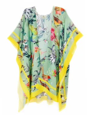 Green-Multi Bird Floral Green Border Accent Kimono 62660,Women Wear