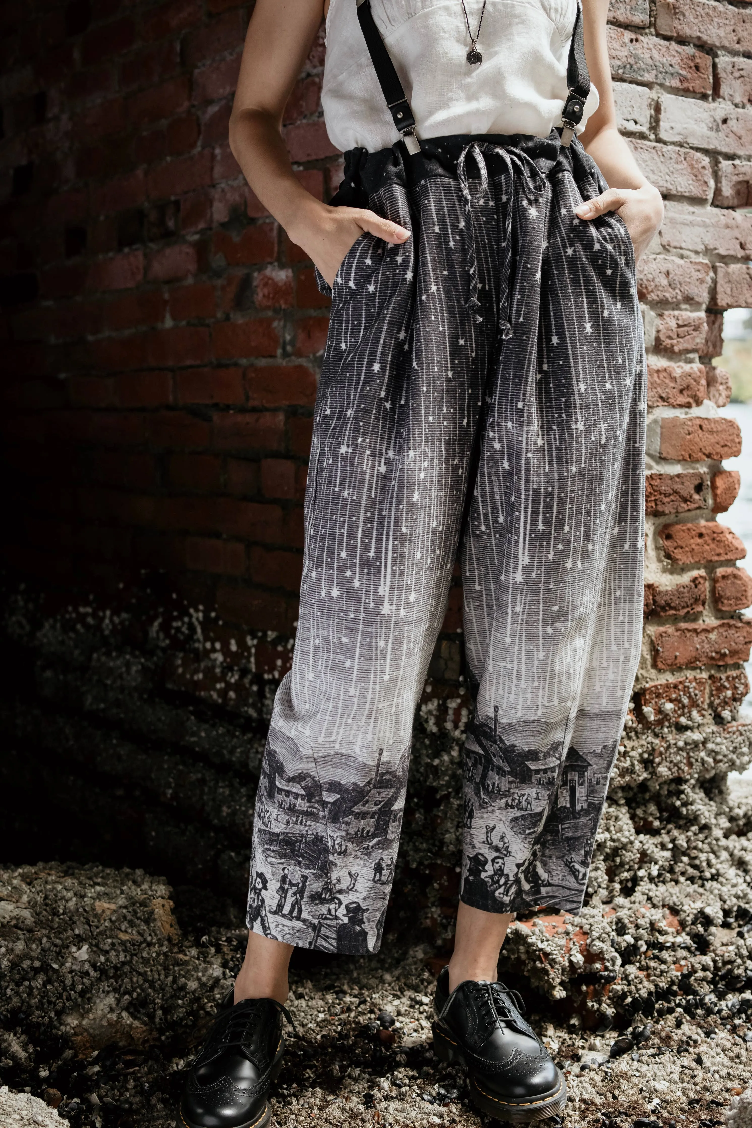 Stargazer Boho Linen Falling Star Print Cropped Artist Pants,Women Wear