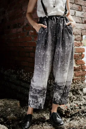 Stargazer Boho Linen Falling Star Print Cropped Artist Pants,Women Wear