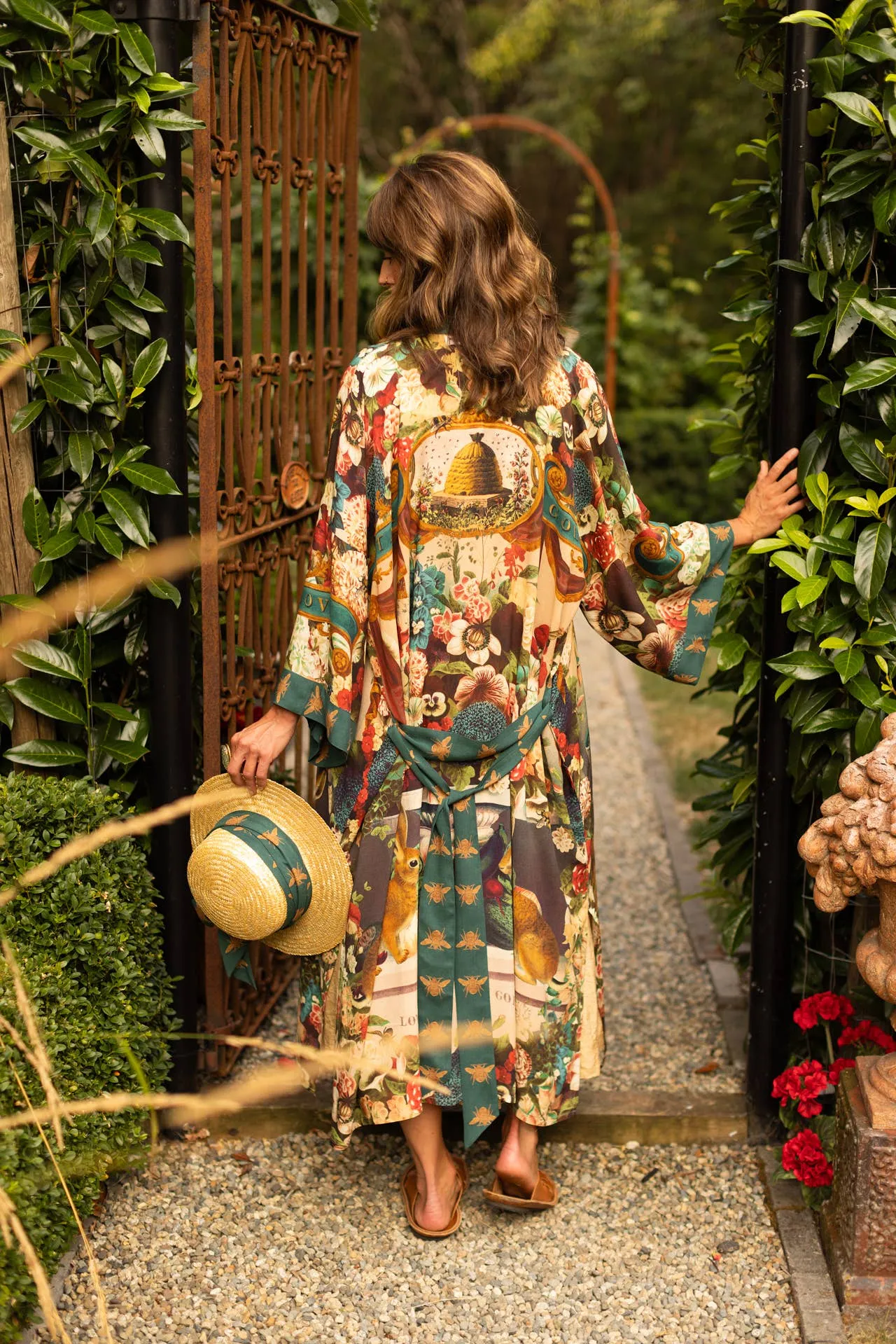 Stay Gold Floral Bamboo Kimono Duster Robe w/ Rabbit & Bees,Women Wear