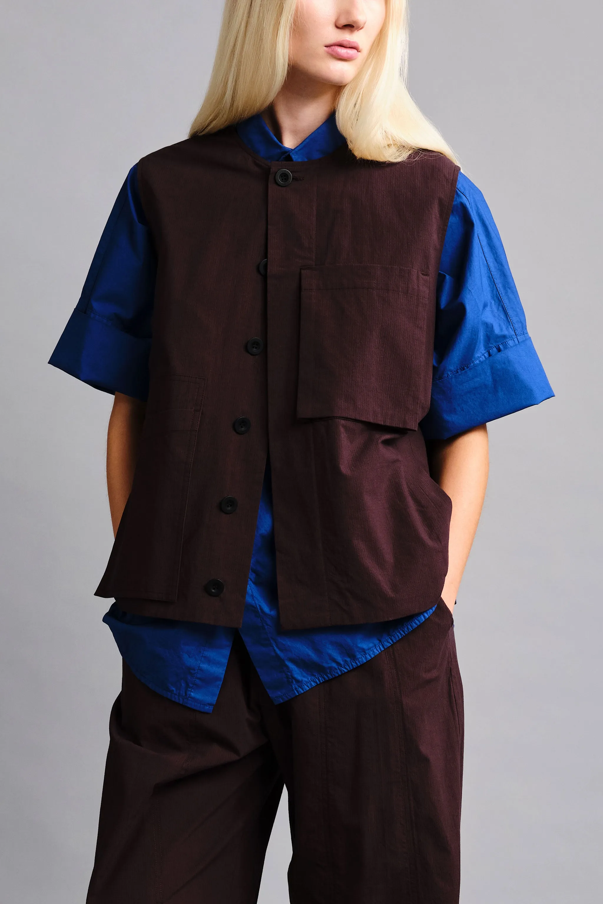 THE TINKER GILET / FINE RIPSTOP COTTON COFFEE,Men Wear
