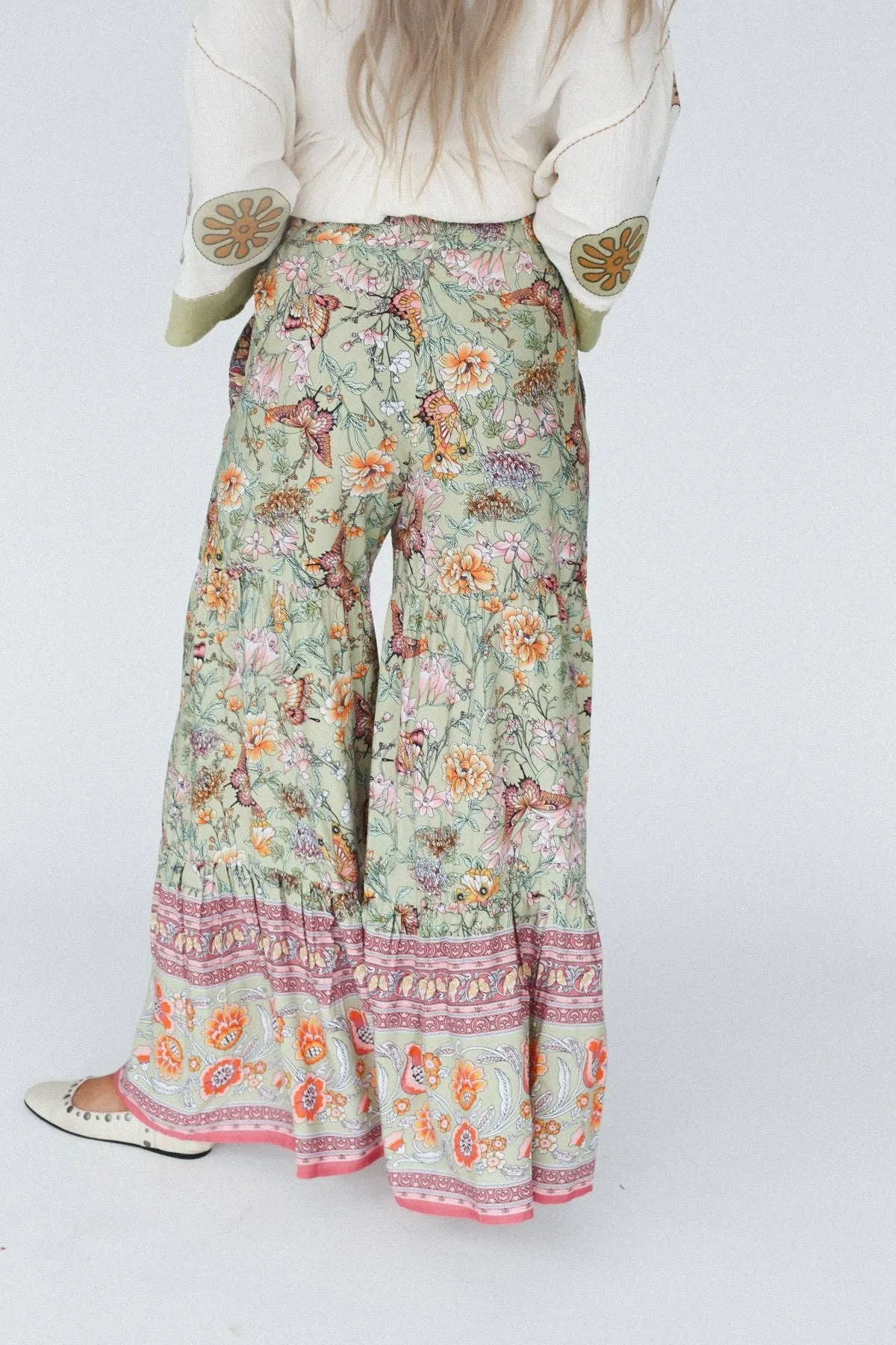 Three Bird Nest Lani Wide Leg Pants - Sage Butterfly Border Print,Women Wear