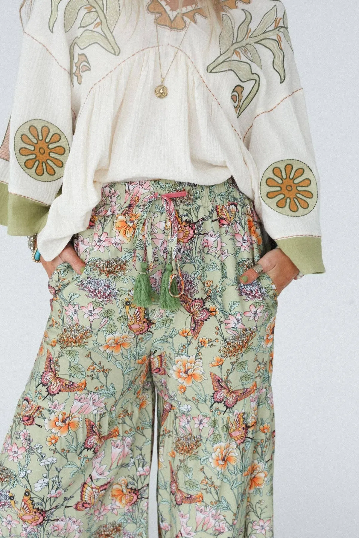 Three Bird Nest Lani Wide Leg Pants - Sage Butterfly Border Print,Women Wear