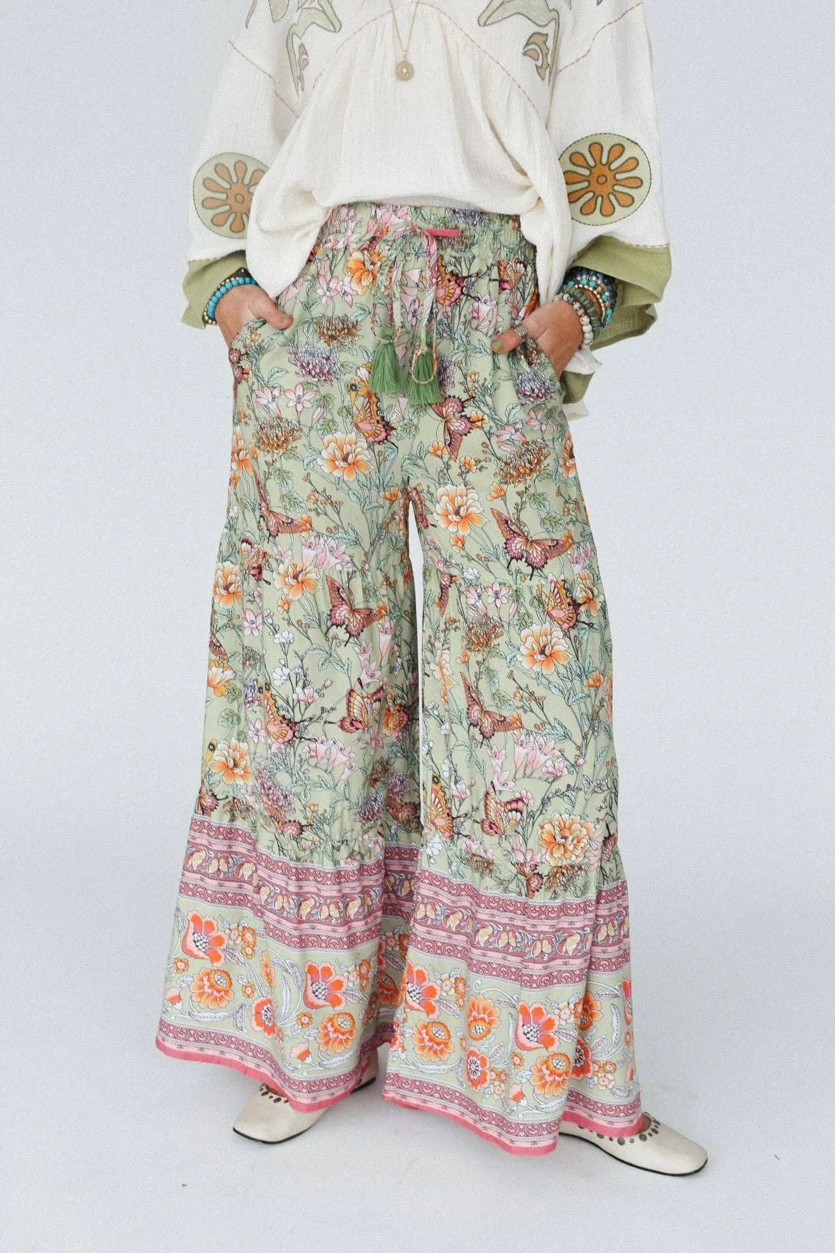 Three Bird Nest Lani Wide Leg Pants - Sage Butterfly Border Print,Women Wear