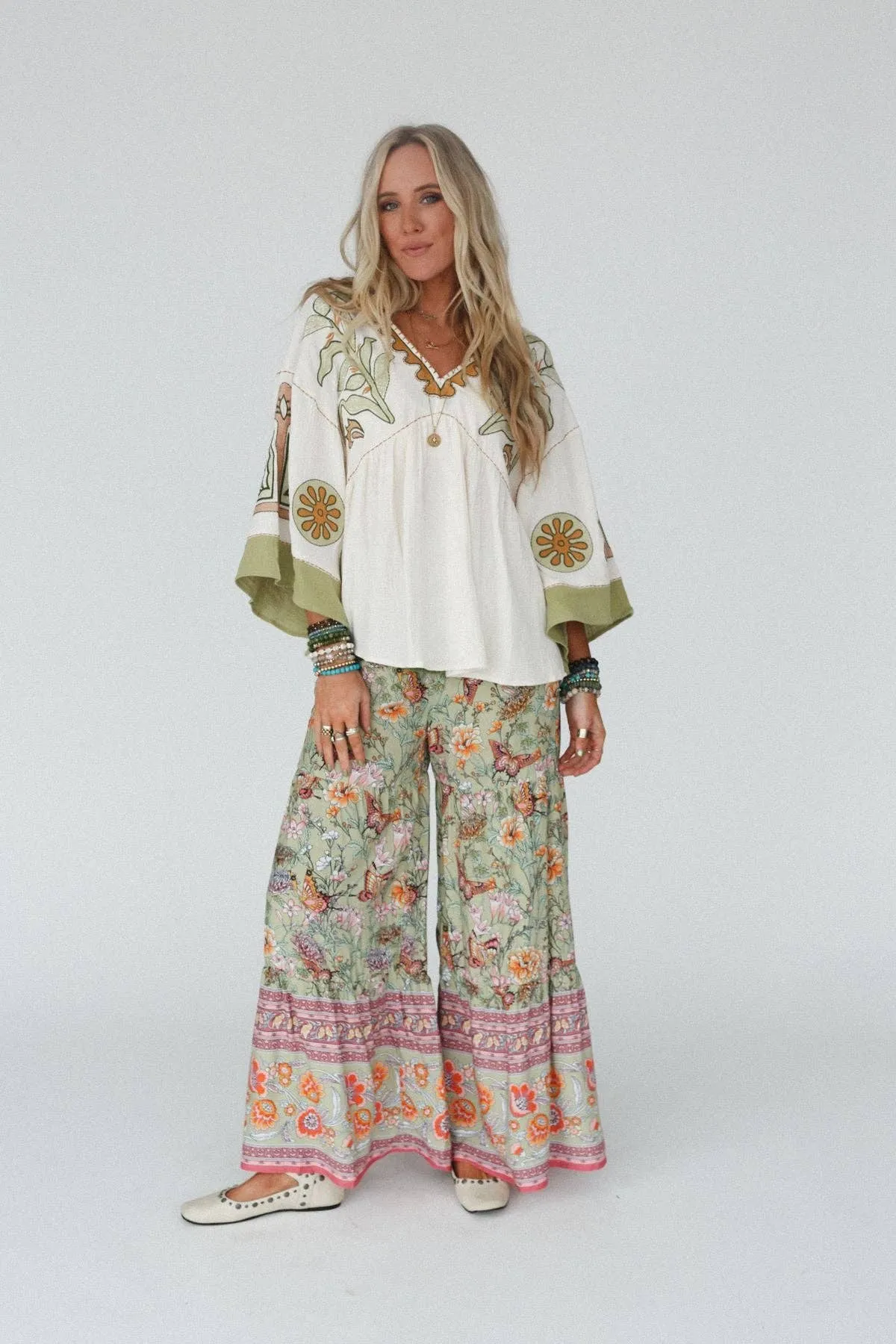 Three Bird Nest Lani Wide Leg Pants - Sage Butterfly Border Print,Women Wear